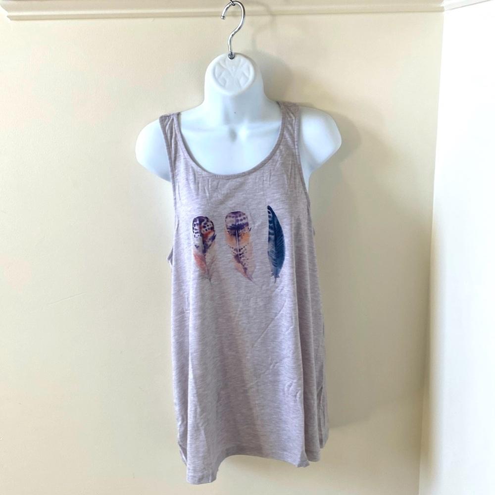 Tank top. Gray with feather pattern. New with tag